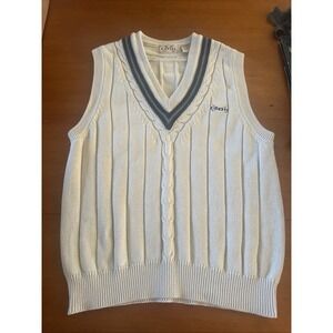 Vintage Izod Sweater Vest Men's M Cream  Chunky Cable Knit Golf Embroidered 90s